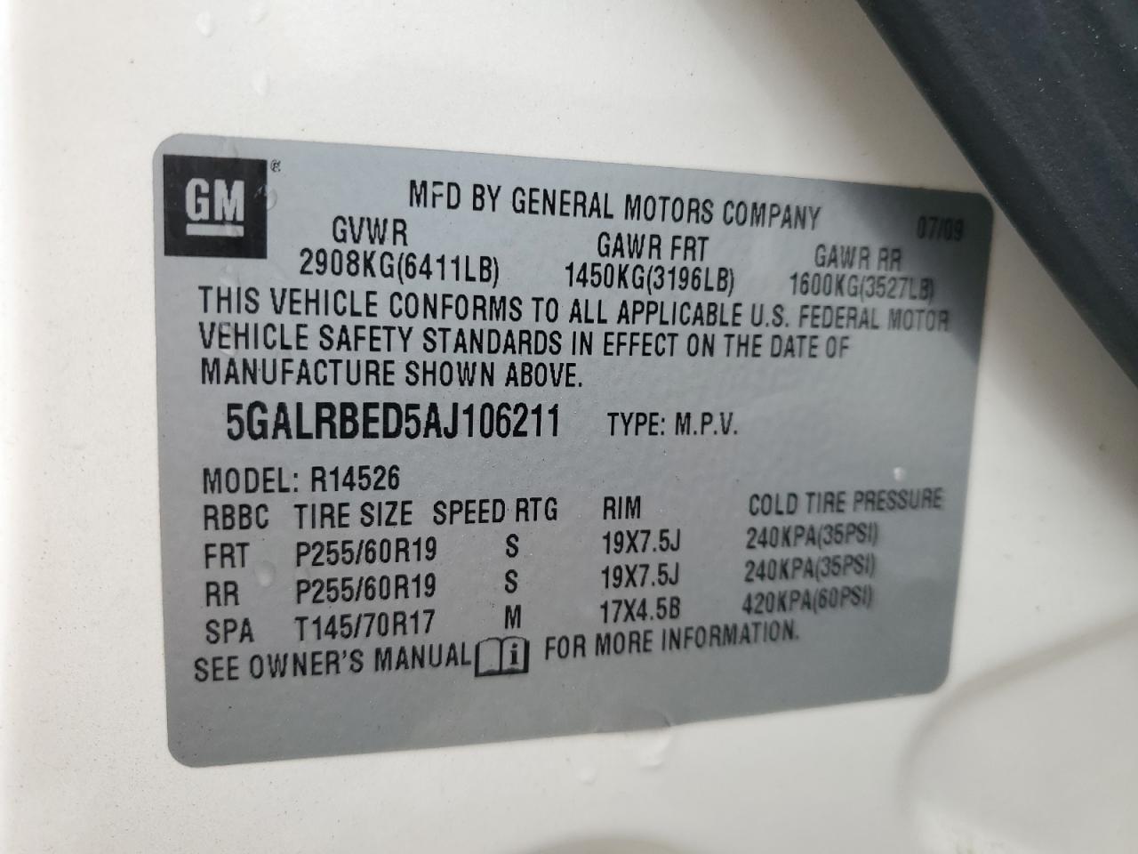 5GALRBED5AJ106211 2010 Buick Enclave Cxl