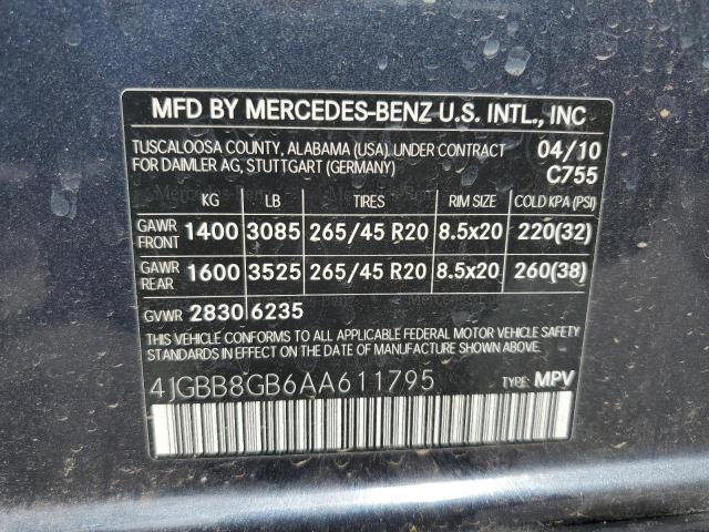 2010 Mercedes-Benz Ml 350 4Matic VIN: 4JGBB8GB6AA611795 Lot: 57550134