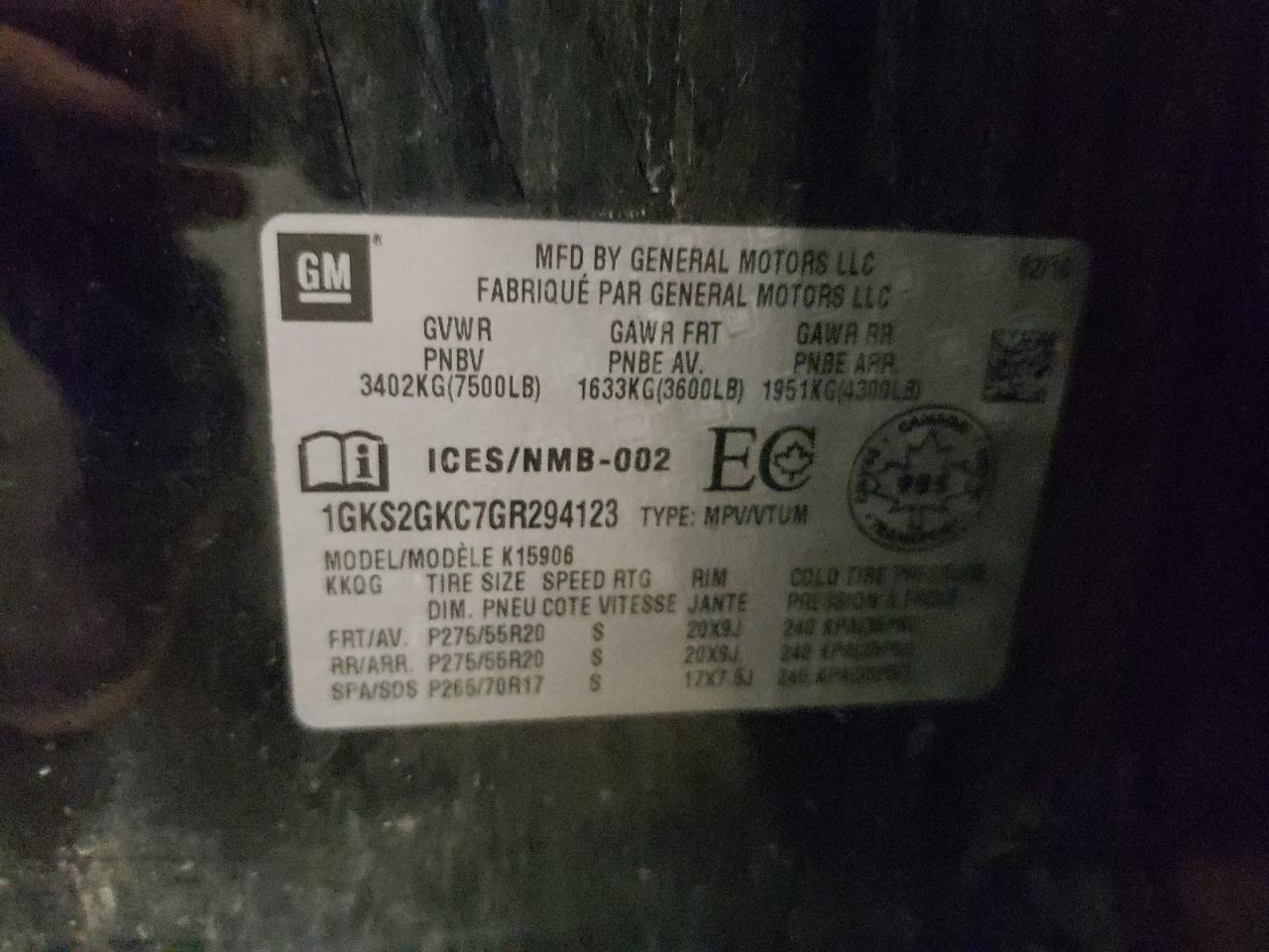 1GKS2GKC7GR294123 2016 GMC Yukon Xl K1500 Slt