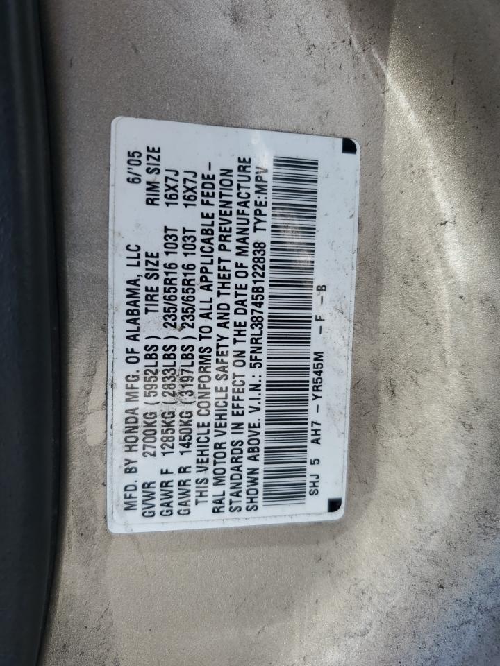 5FNRL38745B122838 2005 Honda Odyssey Exl