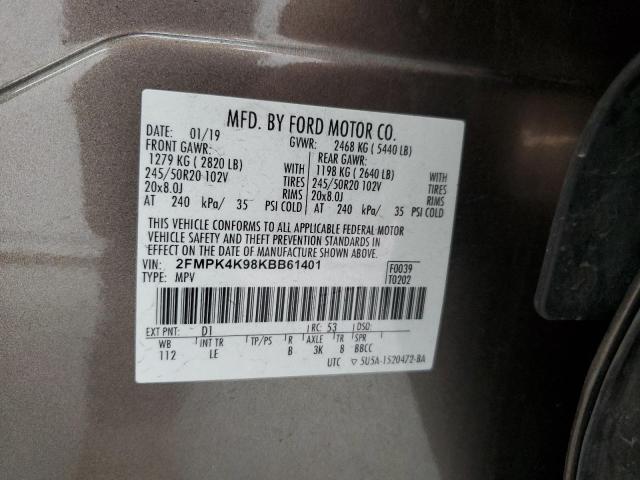 2019 Ford Edge Titanium VIN: 2FMPK4K98KBB61401 Lot: 60921374