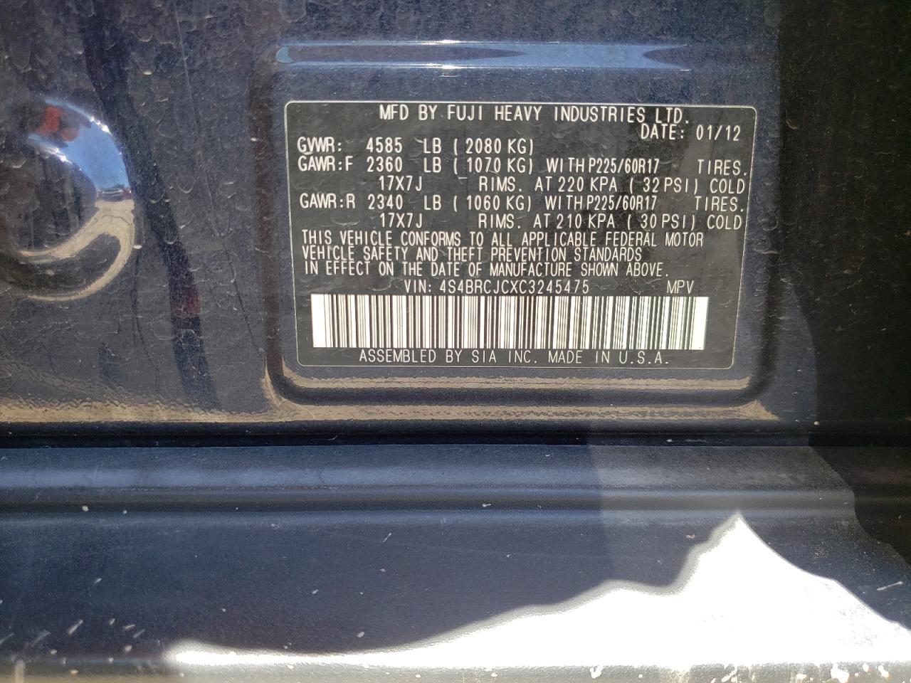 4S4BRCJCXC3245475 2012 Subaru Outback 2.5I Limited