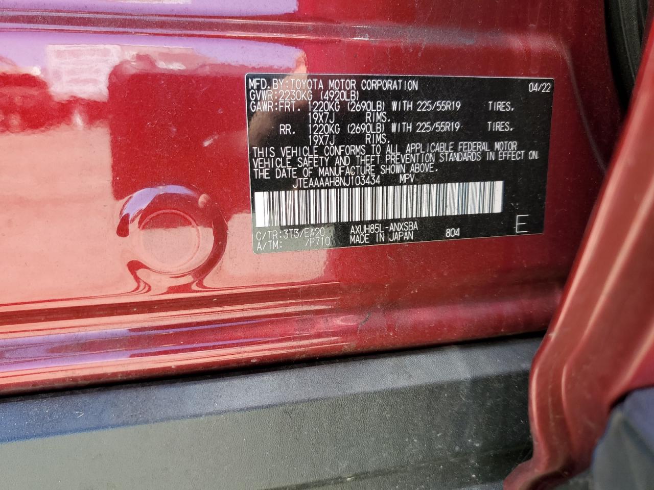 JTEAAAAH8NJ103434 2022 Toyota Venza Le