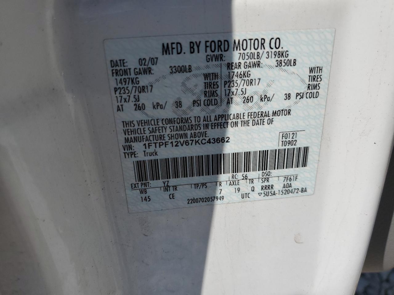 1FTPF12V67KC43662 2007 Ford F150