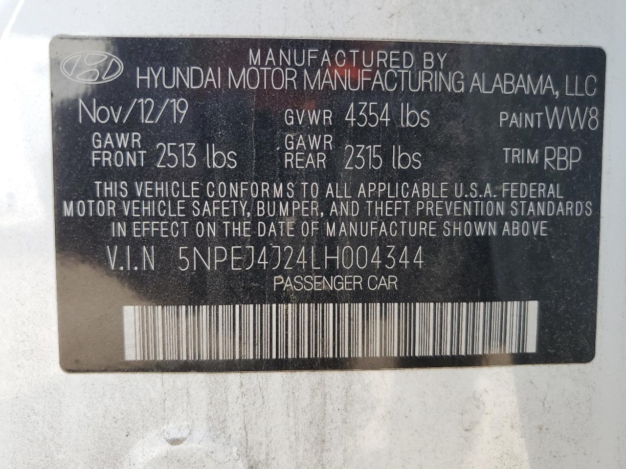 5NPEJ4J24LH004344 2020 Hyundai Sonata Sel Plus