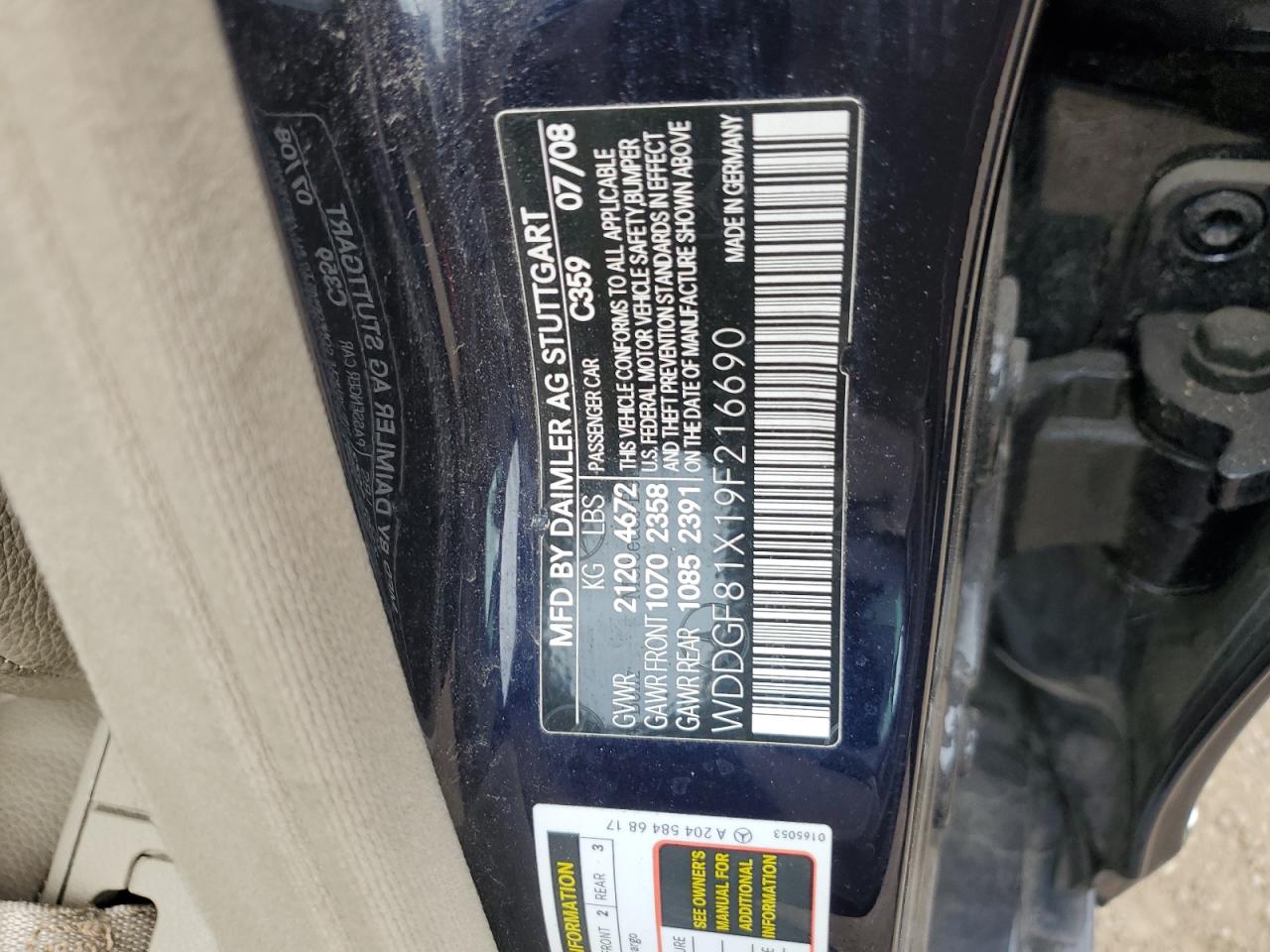 WDDGF81X19F216690 2009 Mercedes-Benz C 300 4Matic