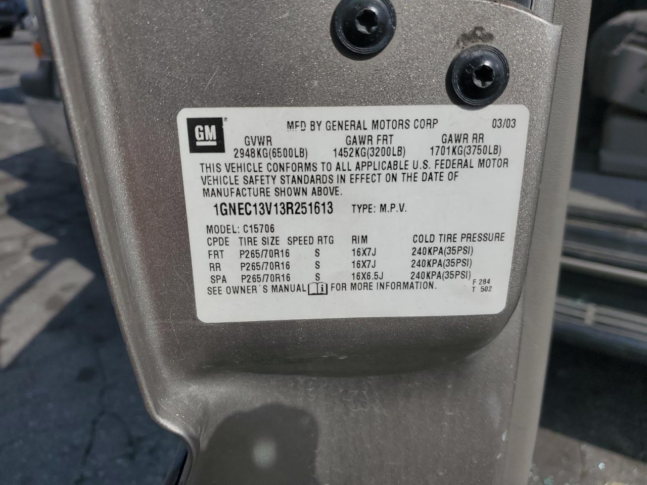 1GNEC13V13R251613 2003 Chevrolet Tahoe C1500