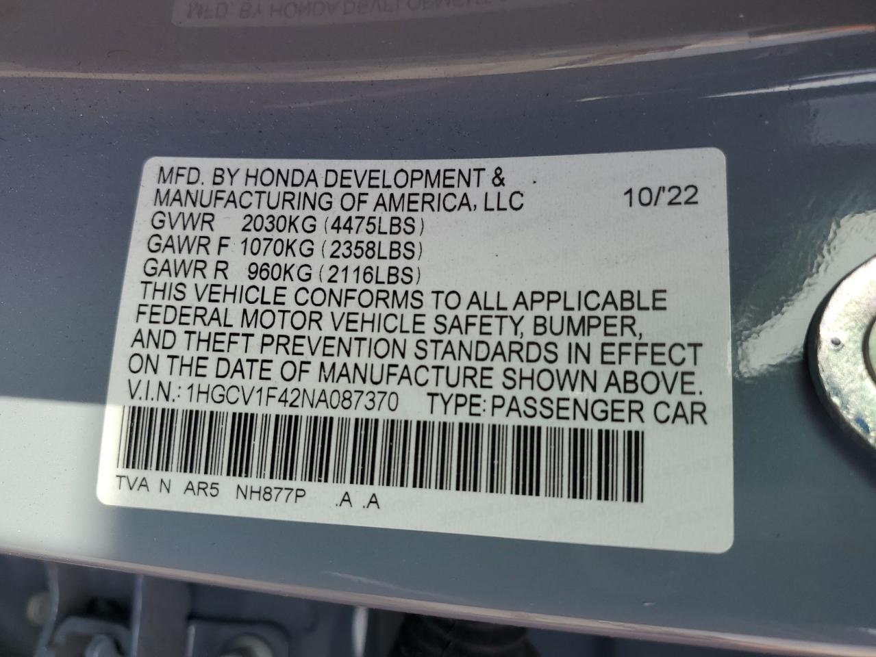 1HGCV1F42NA087370 2022 Honda Accord Sport Se