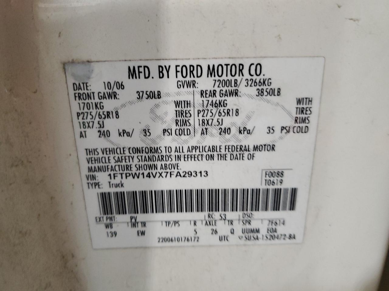 1FTPW14VX7FA29313 2007 Ford F150 Supercrew