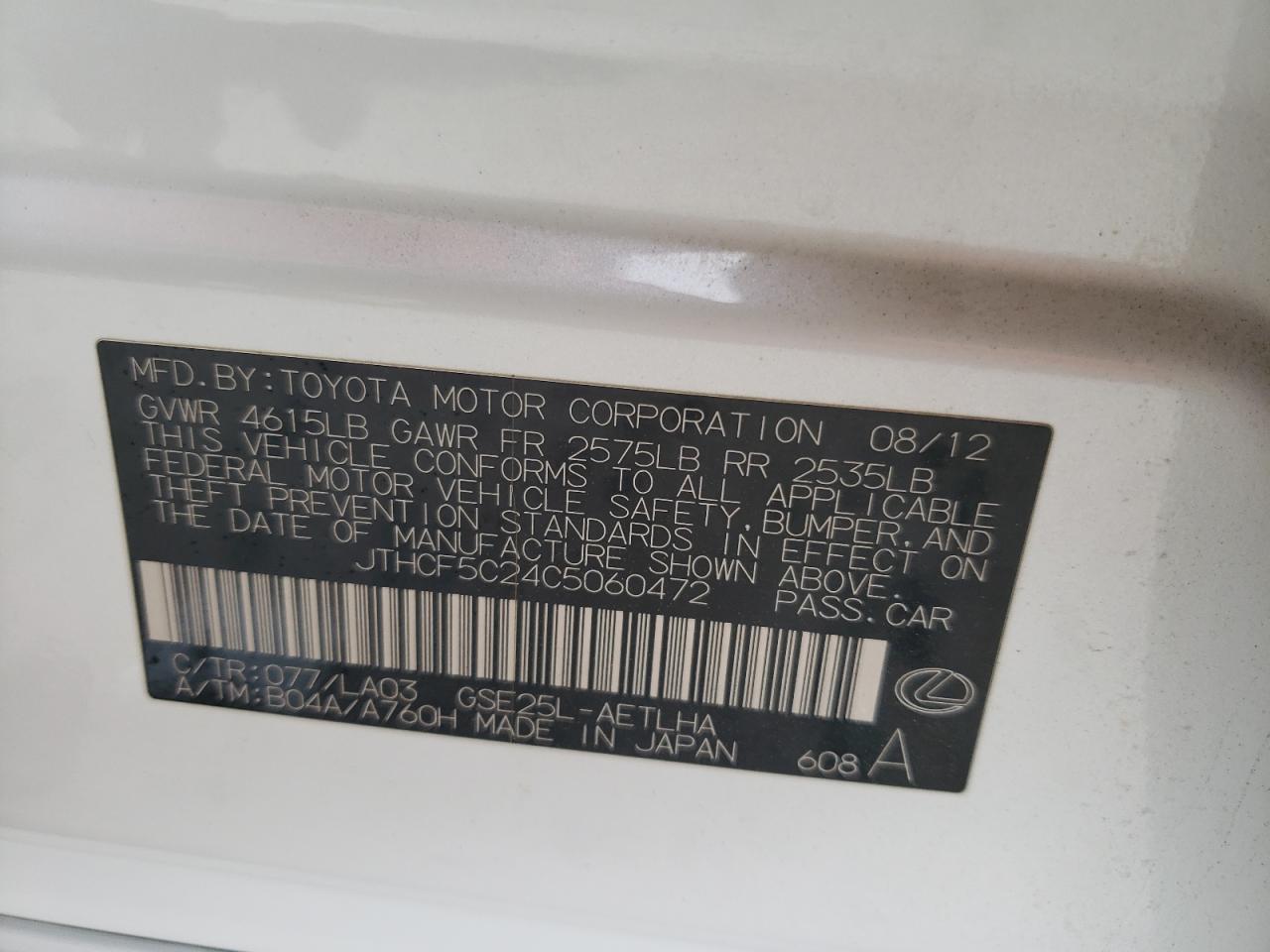 JTHCF5C24C5060472 2012 Lexus Is 250