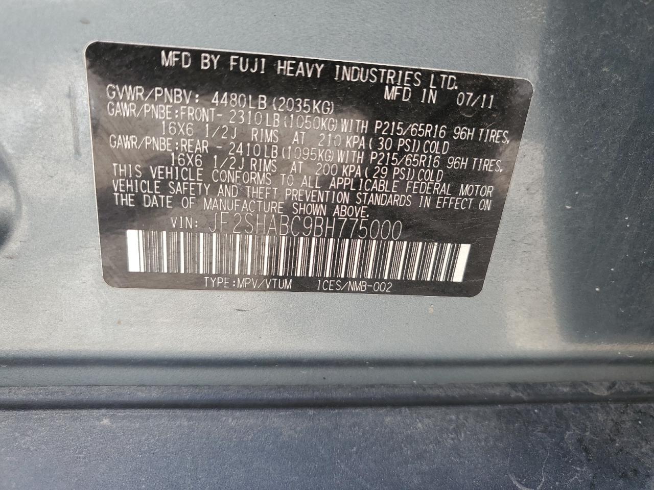 JF2SHABC9BH775000 2011 Subaru Forester 2.5X