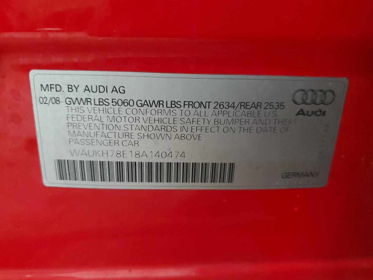 WAUKH78E18A140474 2008 Audi A4 3.2 Avant Quattro