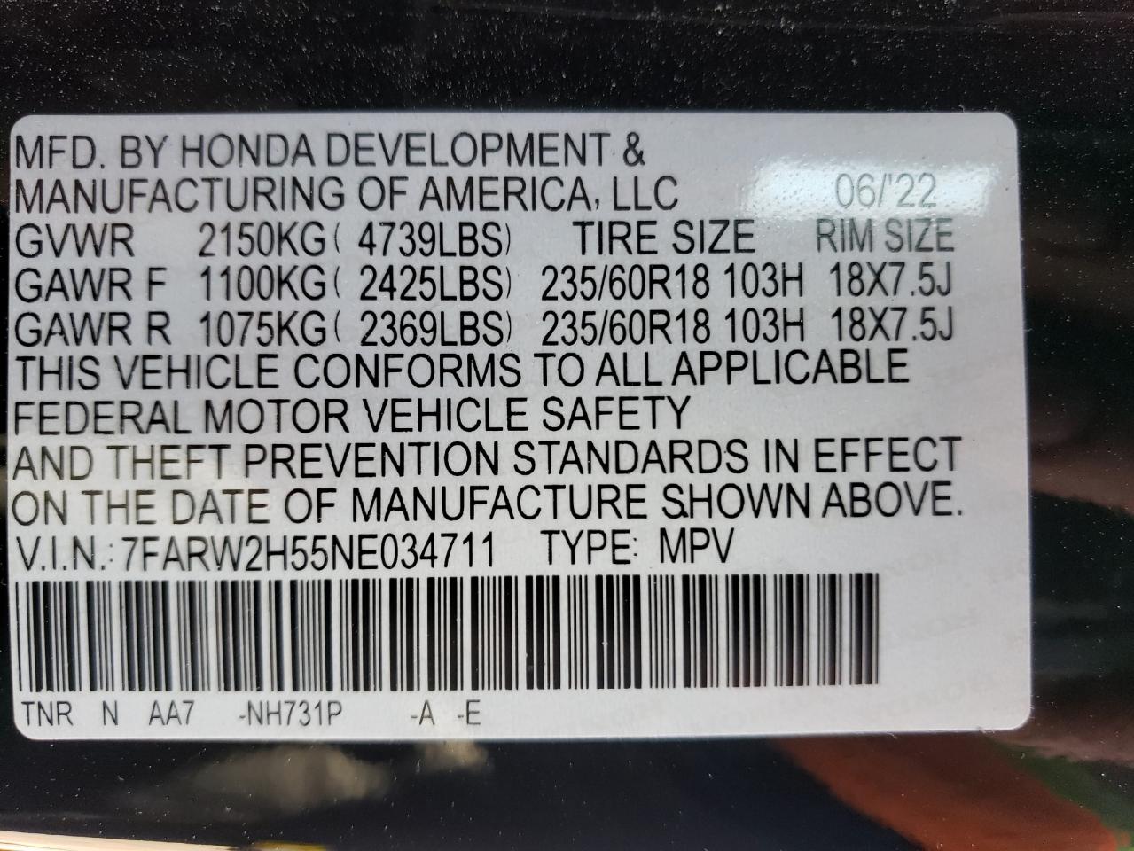 7FARW2H55NE034711 2022 Honda Cr-V Ex