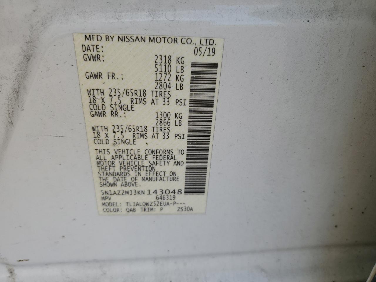 5N1AZ2MJ3KN143048 2019 Nissan Murano S