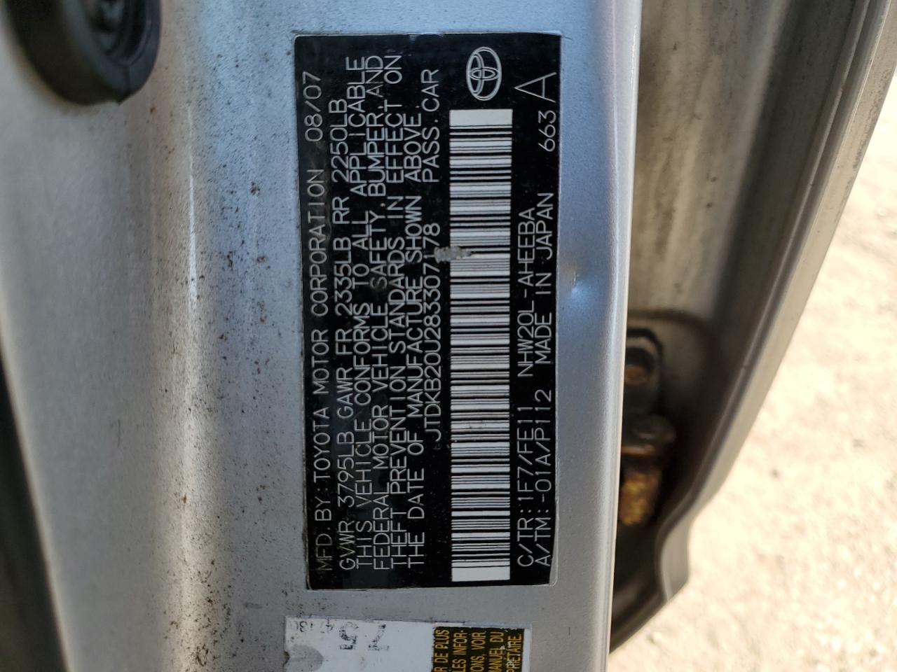 JTDKB20U283307178 2008 Toyota Prius