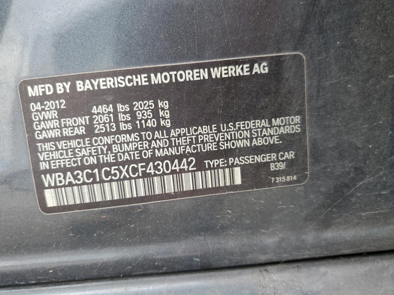 WBA3C1C5XCF430442 2012 BMW 328 I Sulev