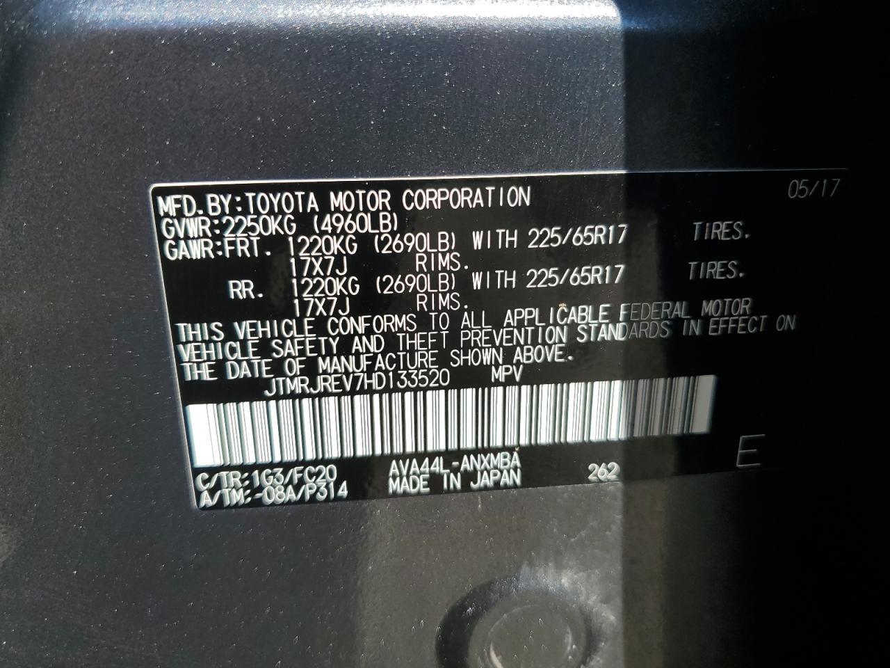 JTMRJREV7HD133520 2017 Toyota Rav4 Hv Le