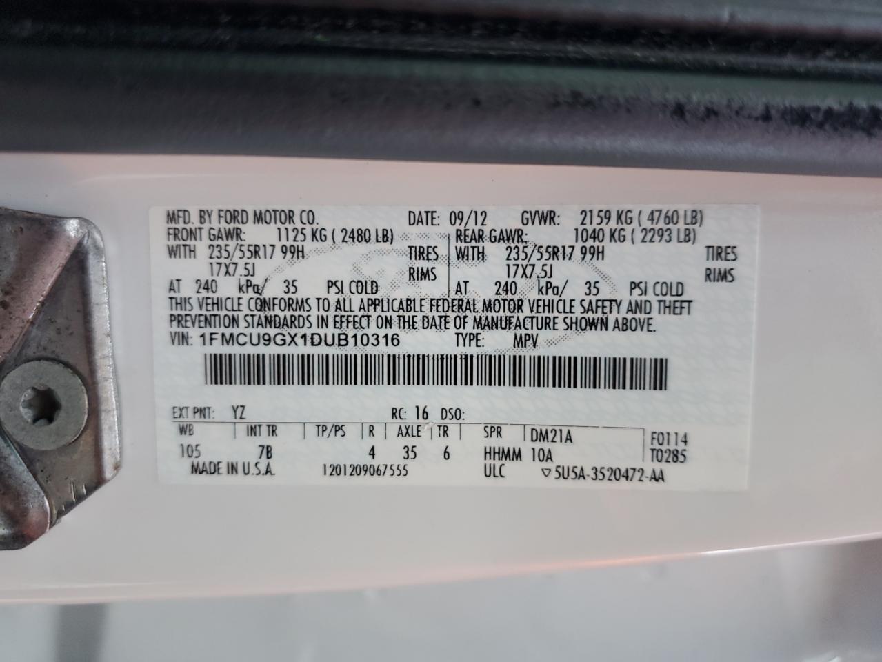 2013 Ford Escape Se vin: 1FMCU9GX1DUB10316