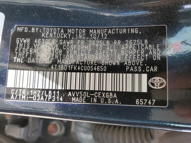 2012 Toyota Camry Hybrid VIN: 4T1BD1FK4CU054650 Lot: 58279894