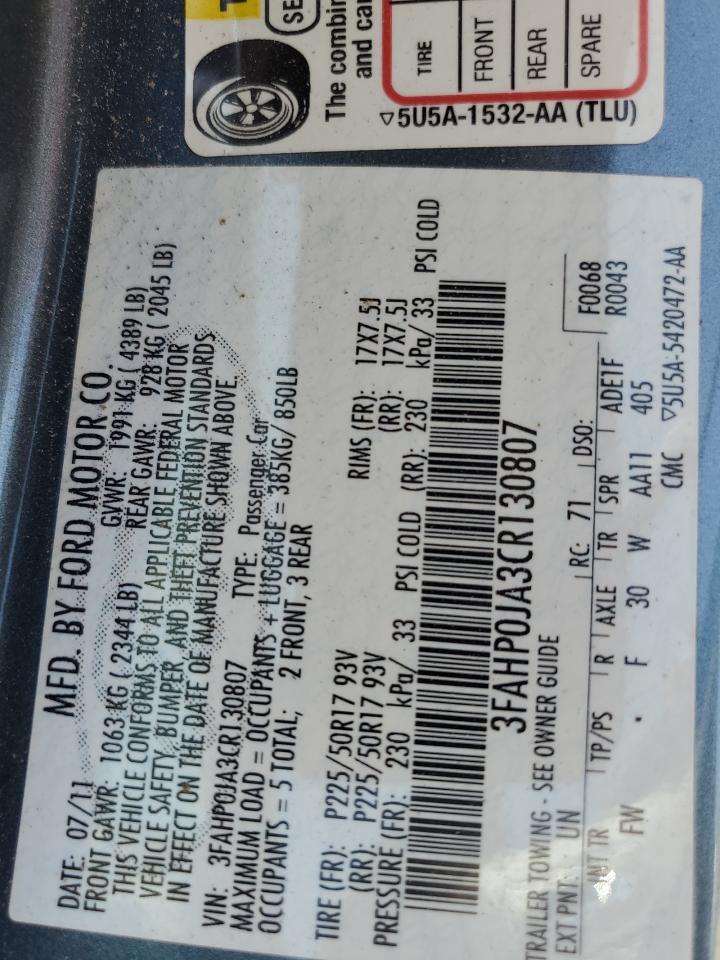 3FAHP0JA3CR130807 2012 Ford Fusion Sel