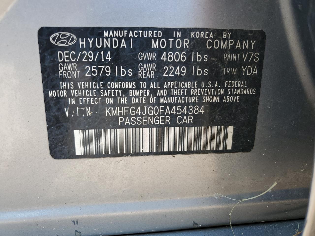 KMHFG4JG0FA454384 2015 Hyundai Azera