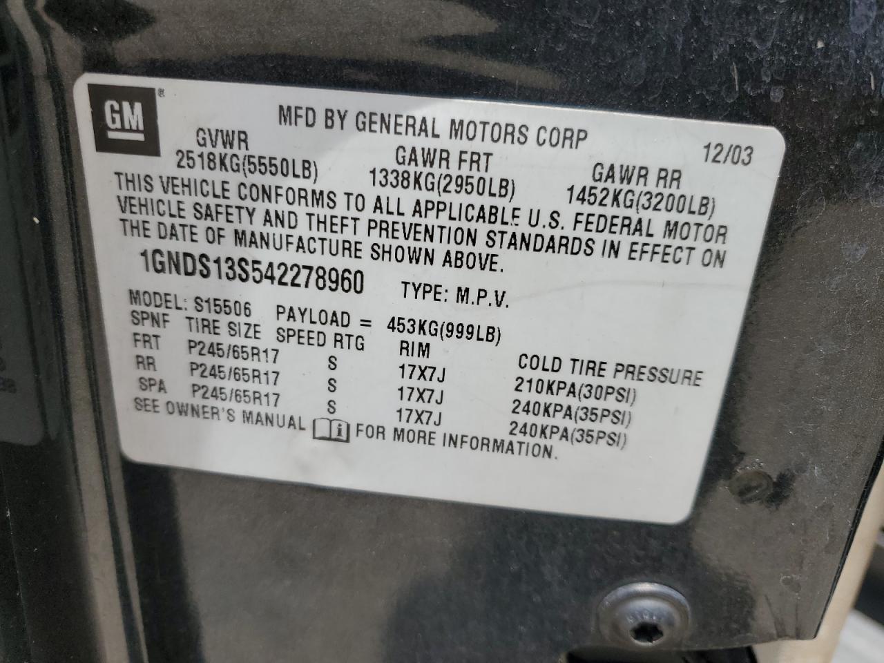 1GNDS13S542278960 2004 Chevrolet Trailblazer Ls