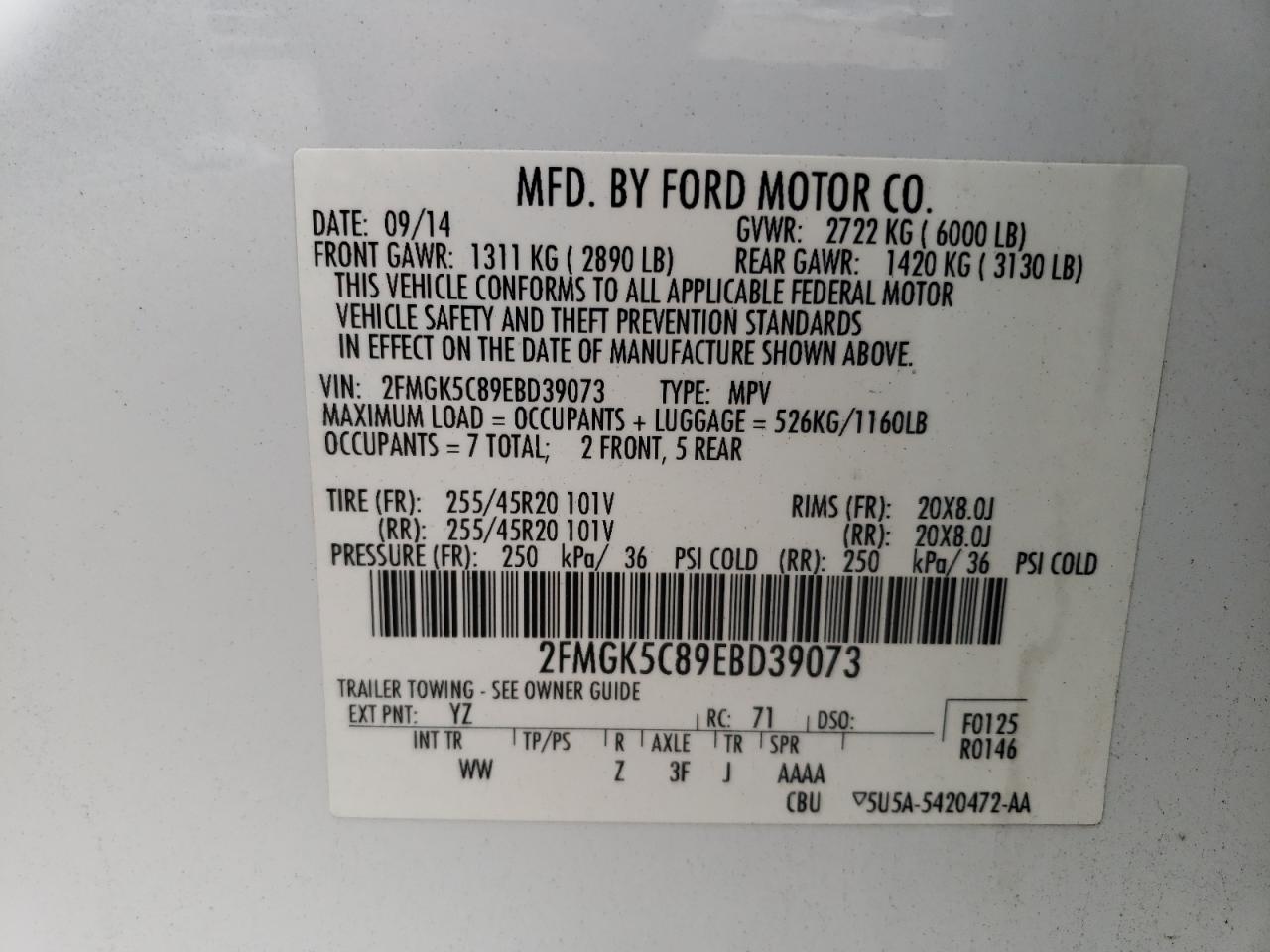 2FMGK5C89EBD39073 2014 Ford Flex Sel