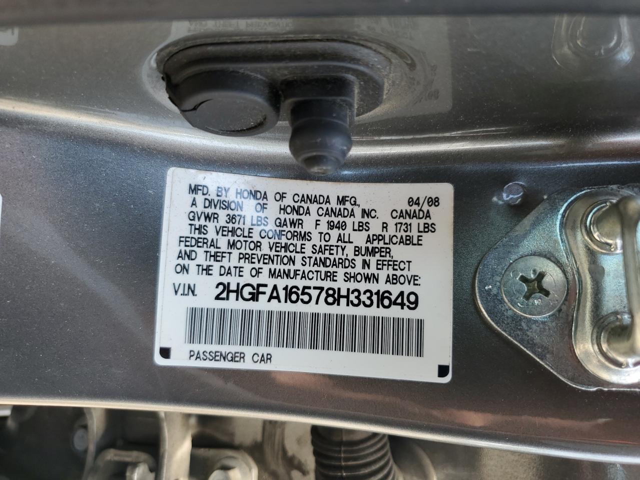 2HGFA16578H331649 2008 Honda Civic Lx