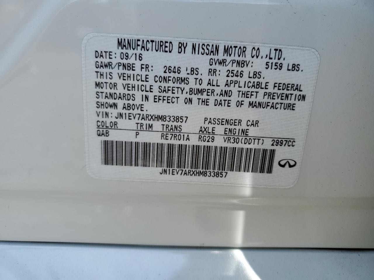 JN1EV7ARXHM833857 2017 Infiniti Q50 Premium