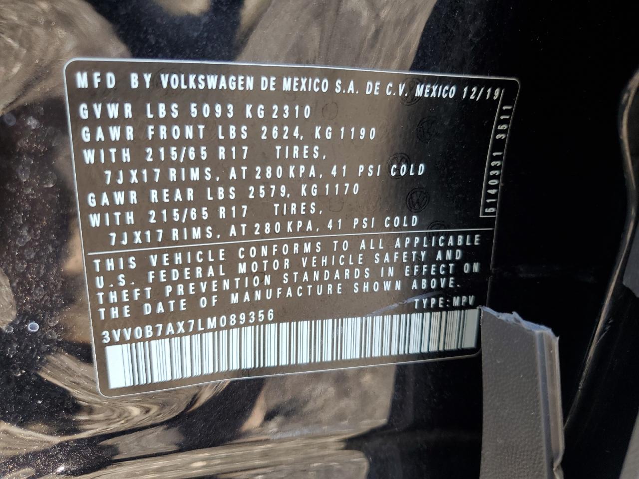 3VV0B7AX7LM089356 2020 Volkswagen Tiguan S