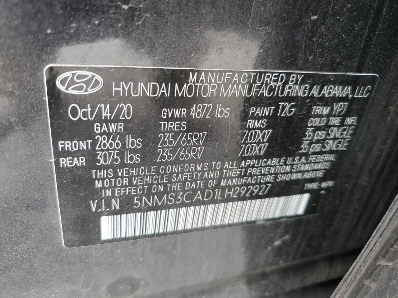 5NMS3CAD1LH292927 2020 Hyundai Santa Fe Sel