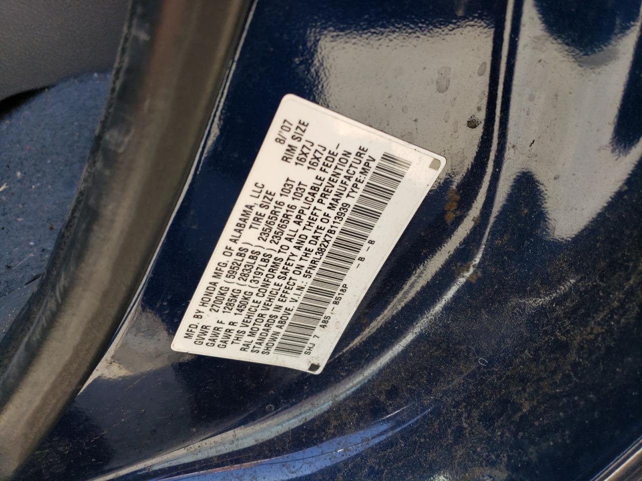 5FNRL382X7B113939 2007 Honda Odyssey Lx