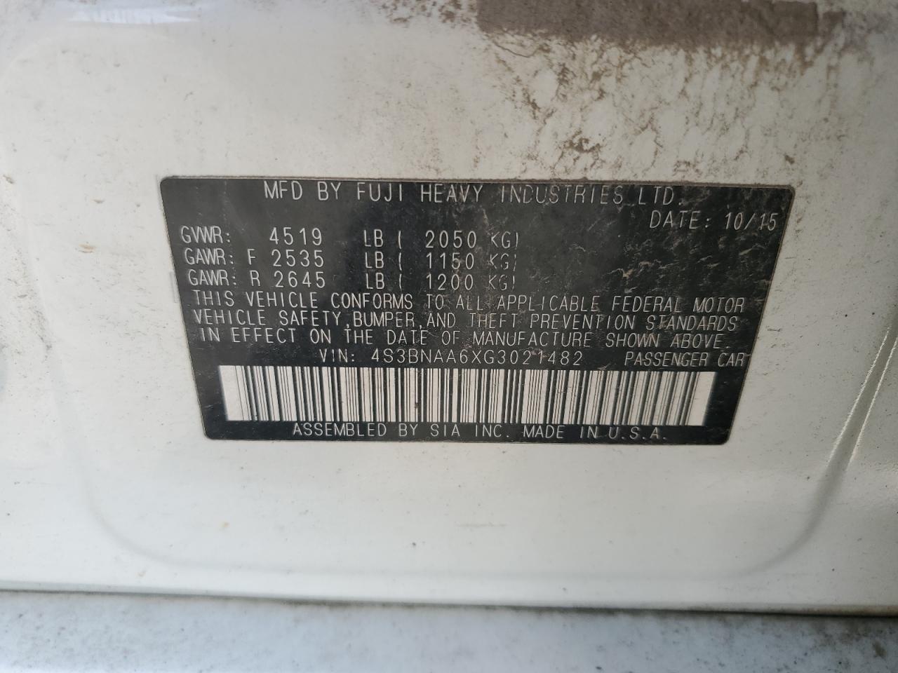 4S3BNAA6XG3021482 2016 Subaru Legacy 2.5I