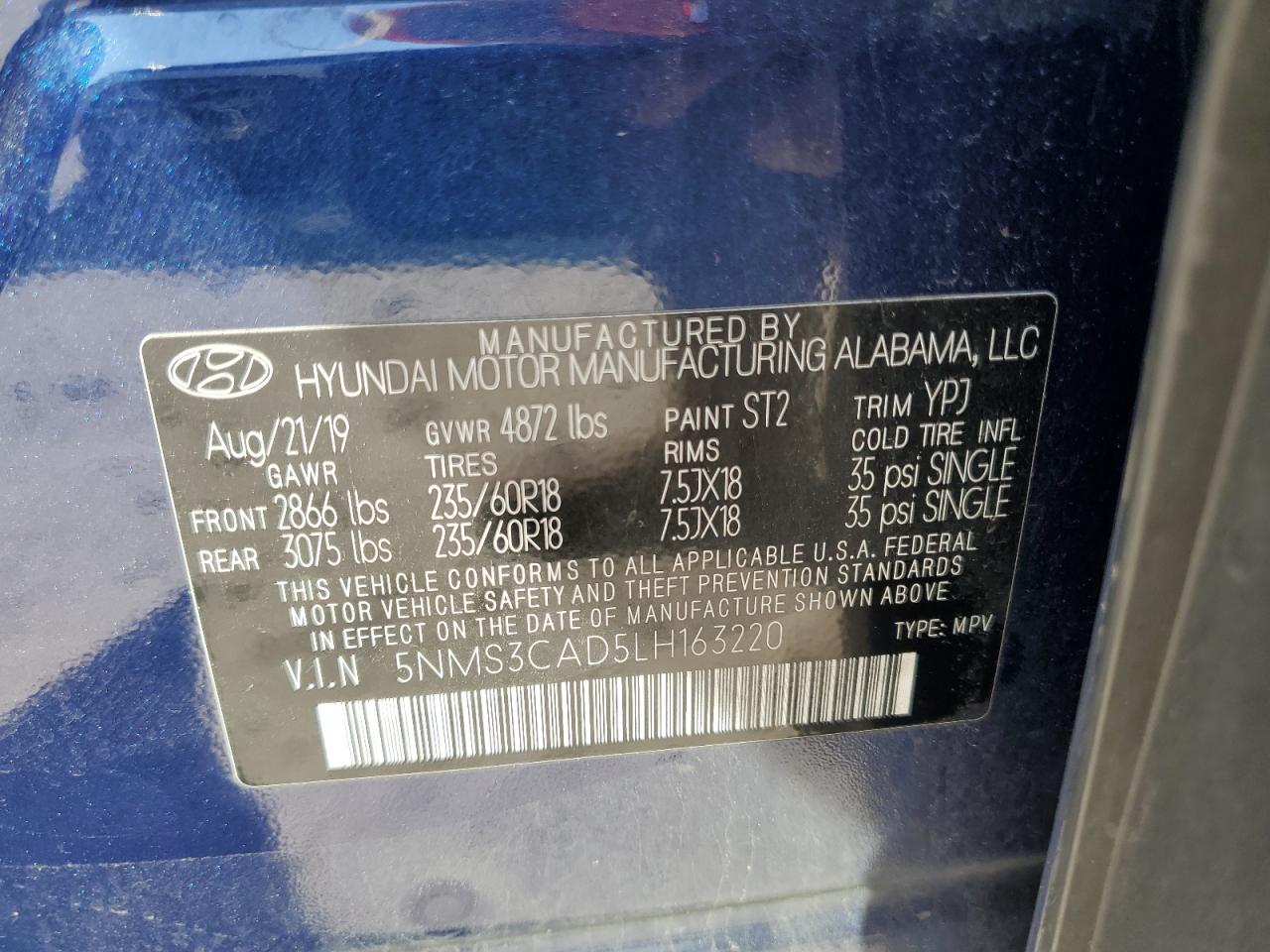 5NMS3CAD5LH163220 2020 Hyundai Santa Fe Sel