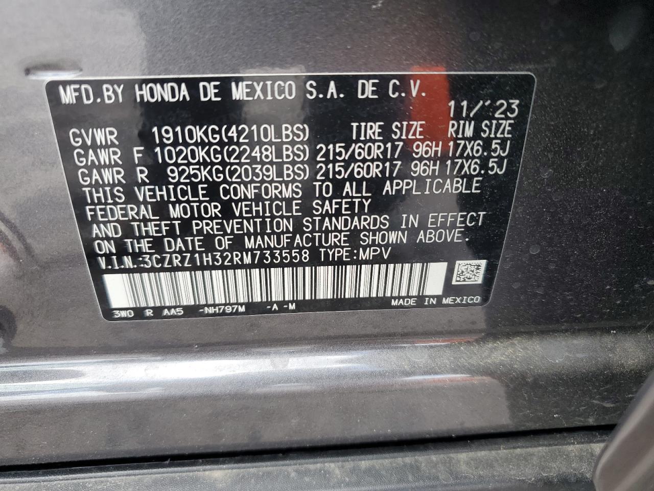 3CZRZ1H32RM733558 2024 Honda Hr-V Lx