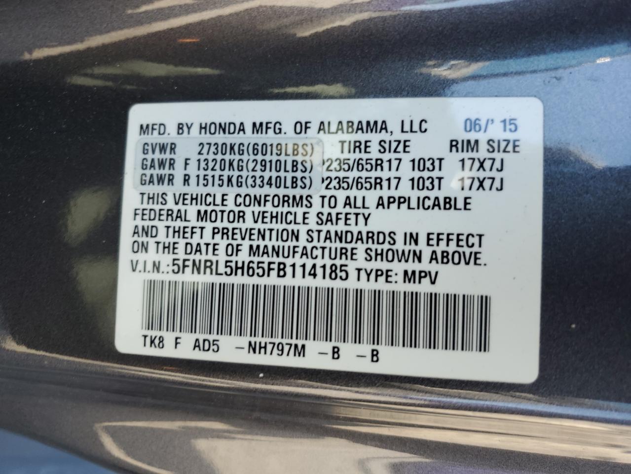 5FNRL5H65FB114185 2015 Honda Odyssey Exl