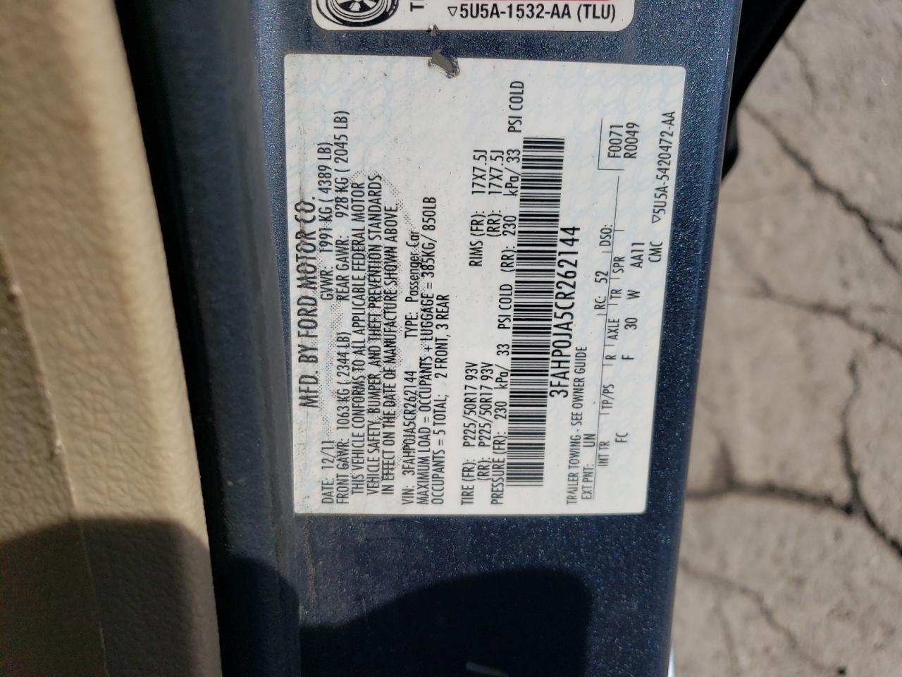 3FAHP0JA5CR262144 2012 Ford Fusion Sel