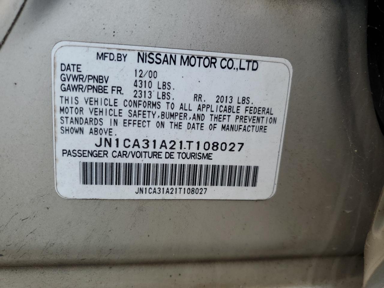 JN1CA31A21T108027 2001 Nissan Maxima Gxe