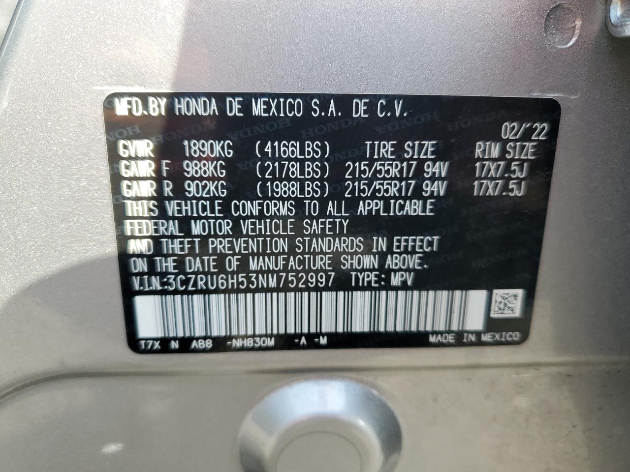 3CZRU6H53NM752997 2022 Honda Hr-V Ex