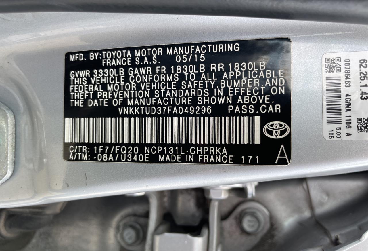 VNKKTUD37FA049296 2015 Toyota Yaris