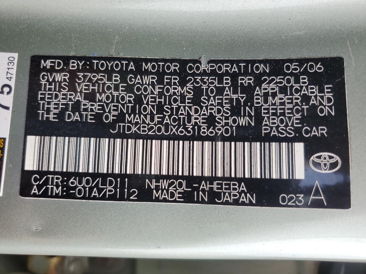 JTDKB20UX63186901 2006 Toyota Prius