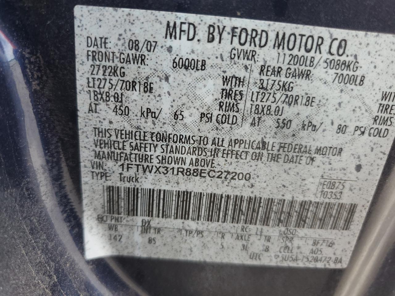 1FTWX31R88EC27200 2008 Ford F350 Srw Super Duty