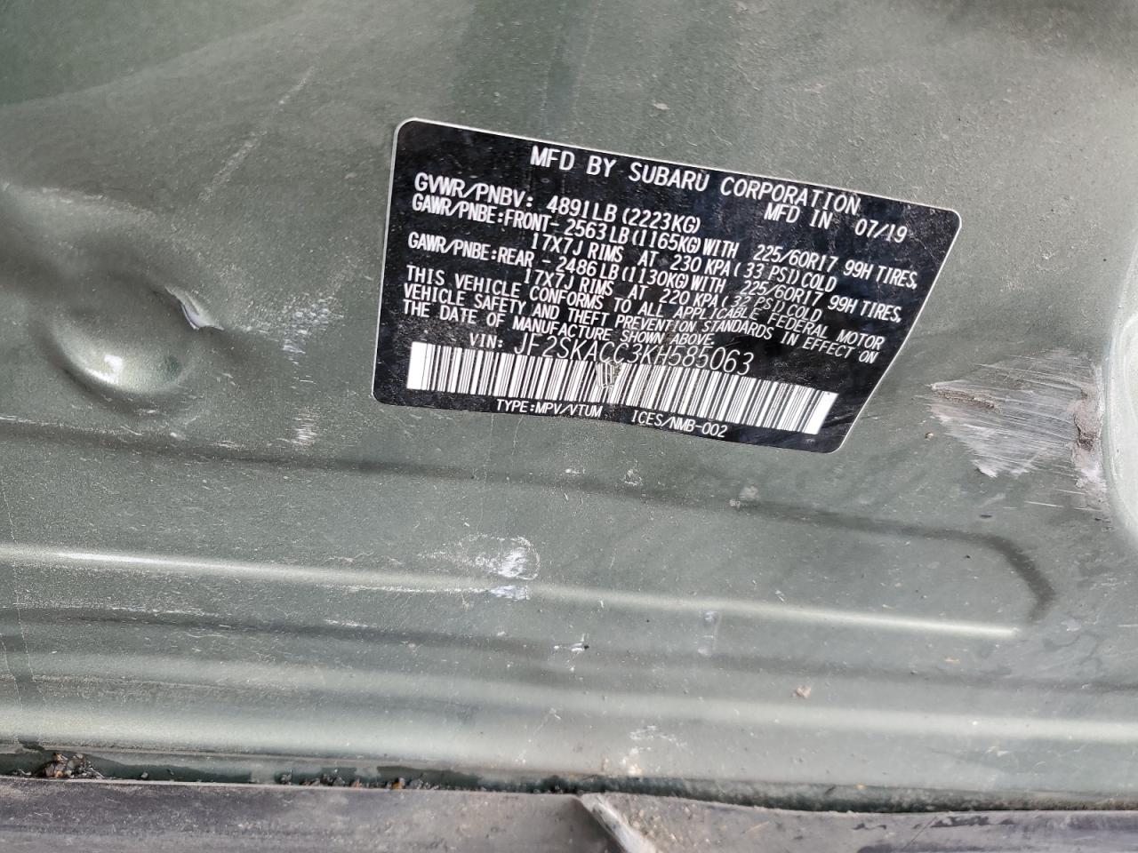 JF2SKACC3KH585063 2019 Subaru Forester