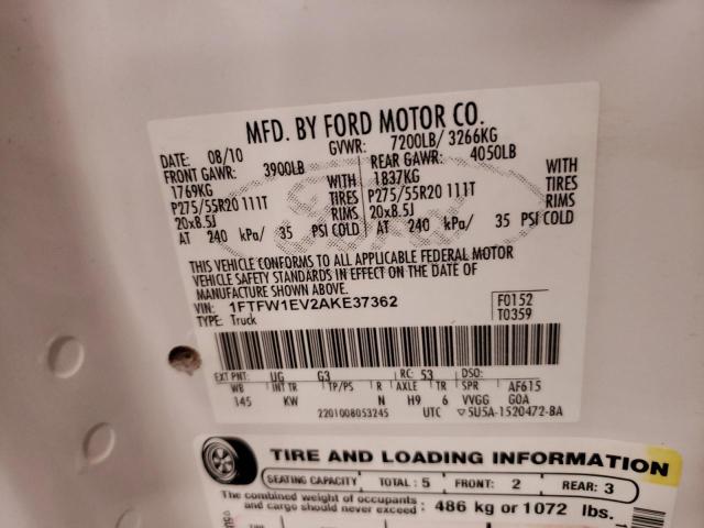 2010 Ford F150 Supercrew VIN: 1FTFW1EV2AKE37362 Lot: 57232364