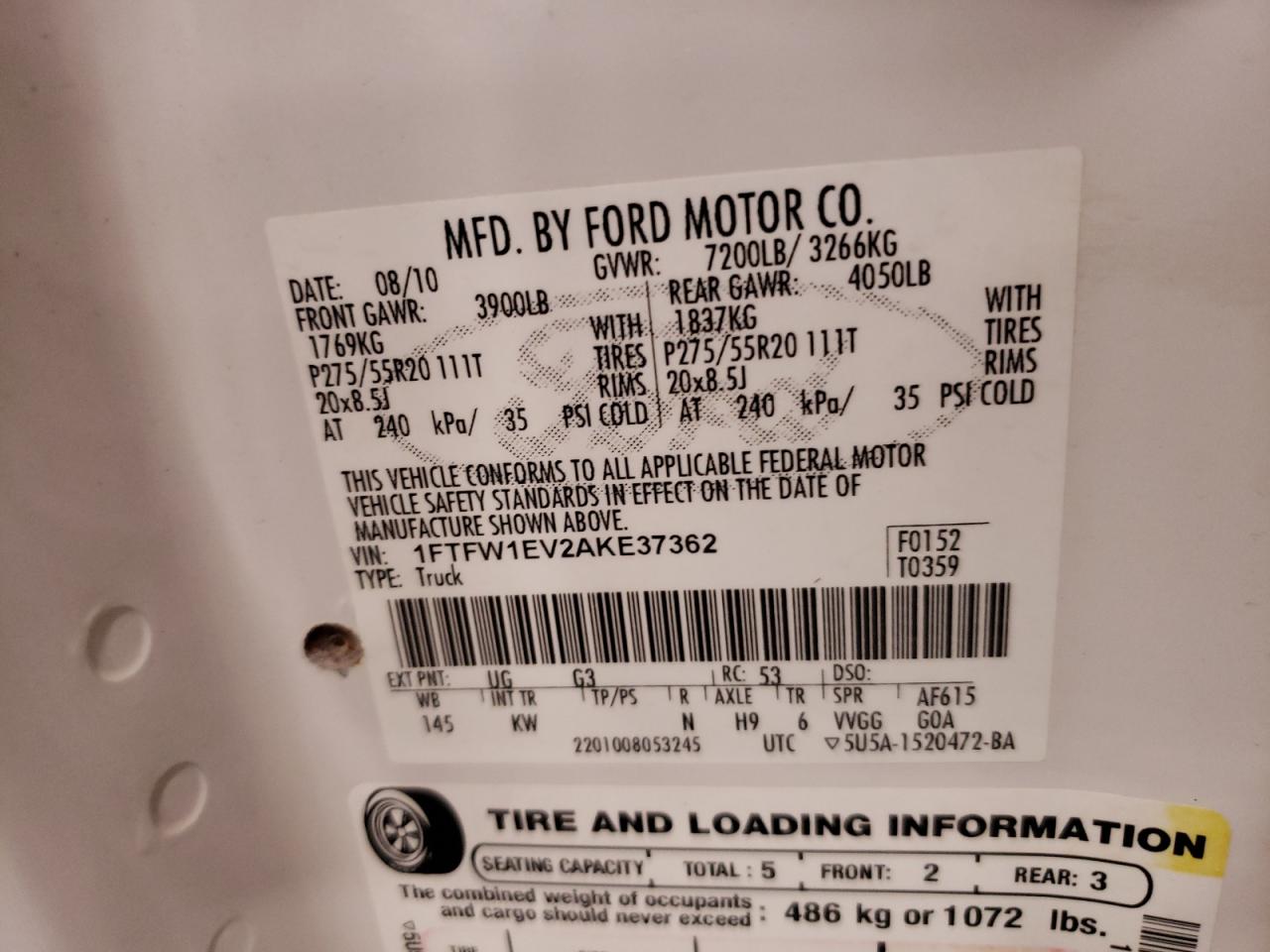 1FTFW1EV2AKE37362 2010 Ford F150 Supercrew