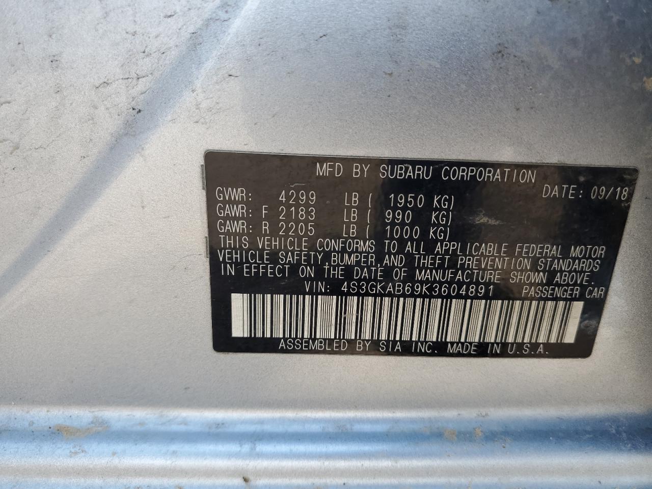 4S3GKAB69K3604891 2019 Subaru Impreza