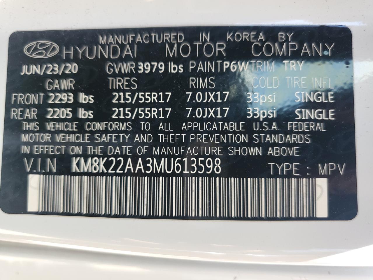 KM8K22AA3MU613598 2021 Hyundai Kona Sel