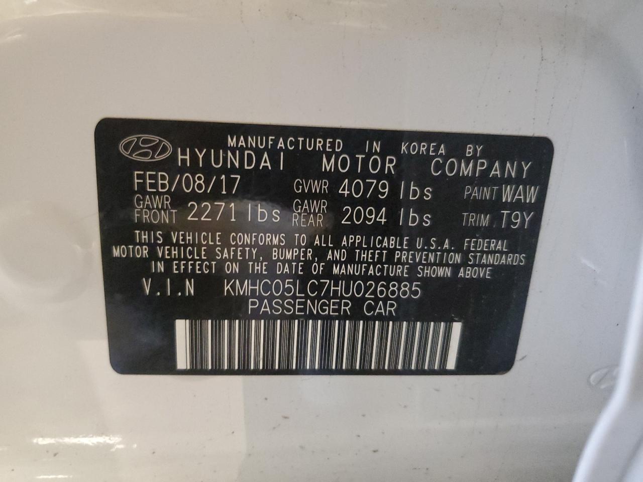 KMHC05LC7HU026885 2017 Hyundai Ioniq Limited