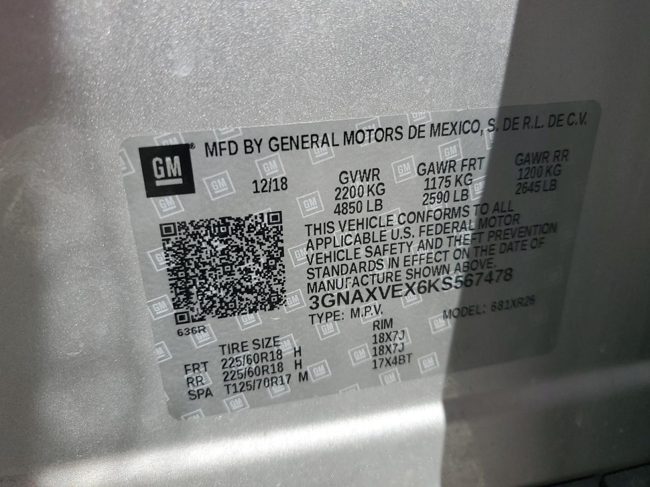 3GNAXVEX6KS567478 2019 Chevrolet Equinox Lt