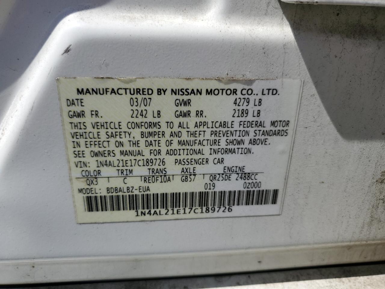 1N4AL21E17C189726 2007 Nissan Altima 2.5